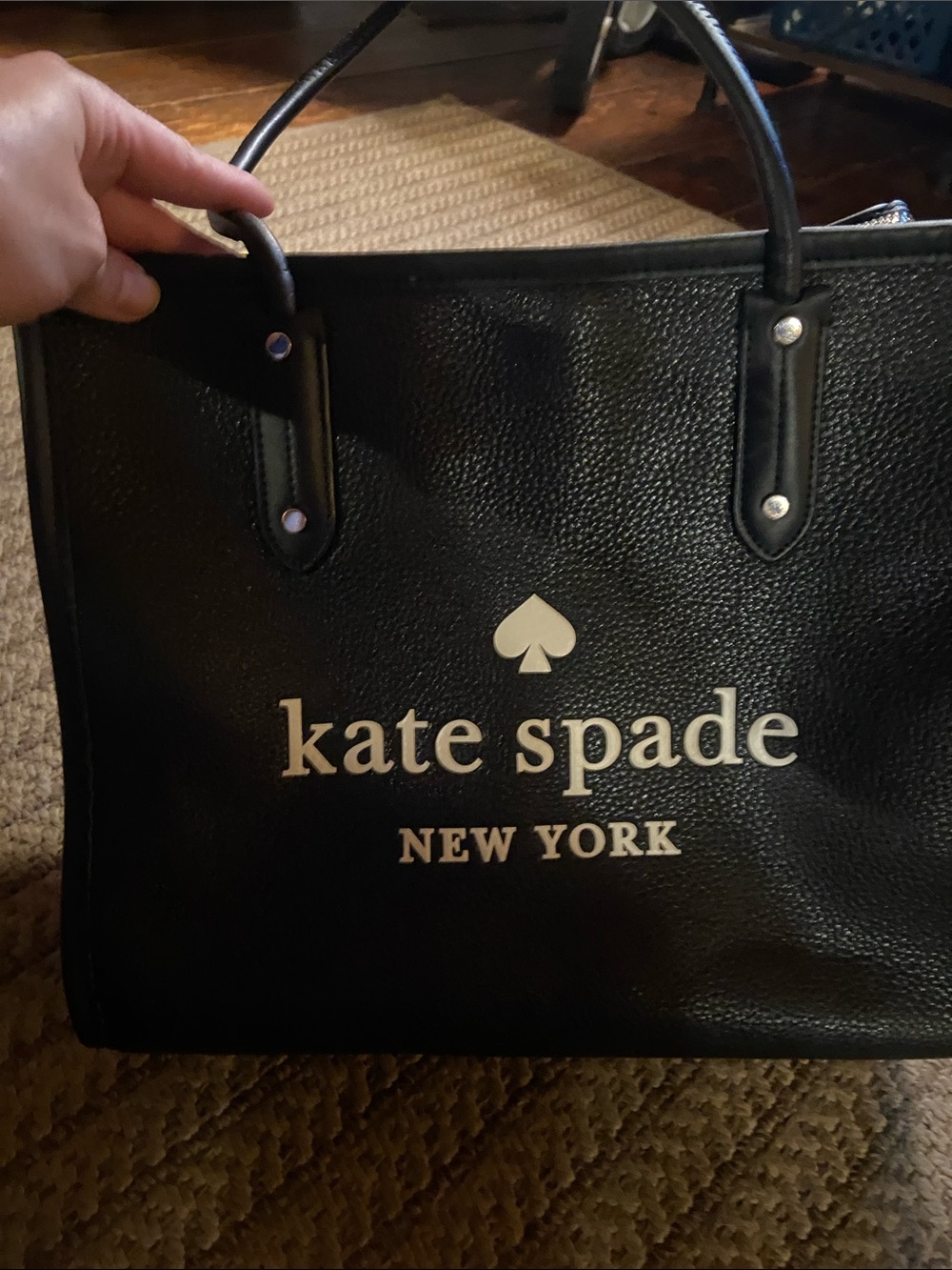 kate spade Black Pebbled Leather Logo Tote with White Print - Picture 2 of 7